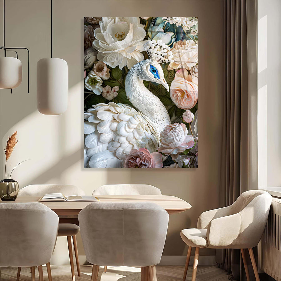 Dining room with a peacock and floral painting on the wall.