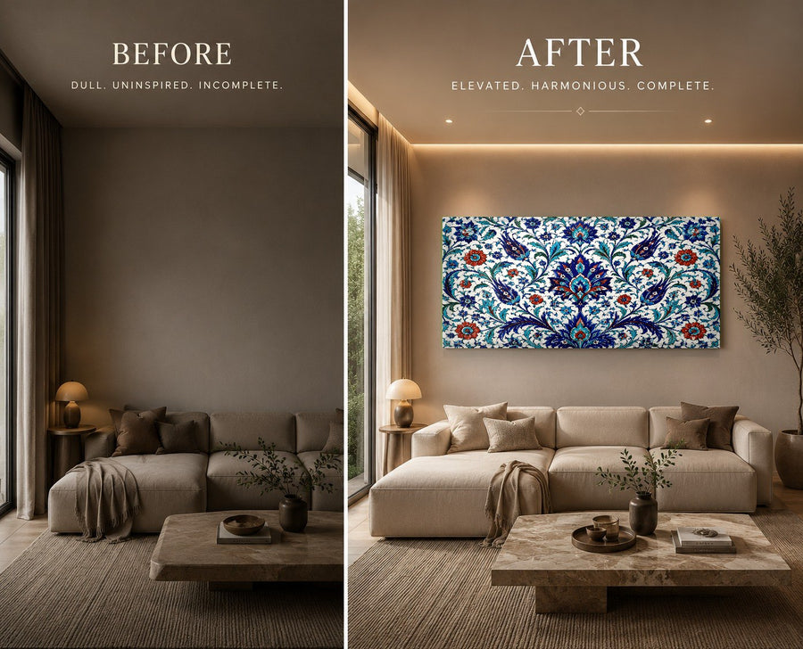 Large Iznik tile glass wall decor creating an elegant focal point in a high-end hotel lobby.