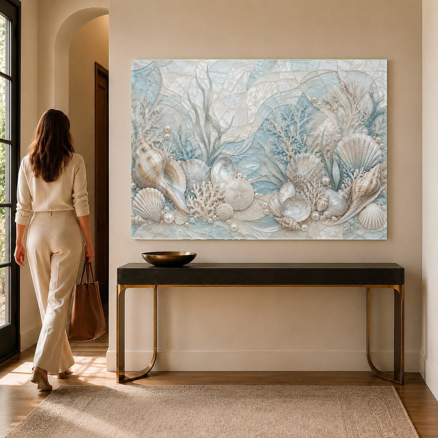 Close-up of coastal tempered glass print with shimmering pearl details in a luxury modern bathroom.