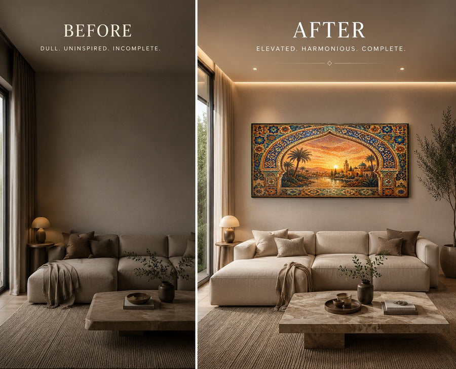 Contemporary home office setup with Sunset Oasis glass wall art positioned above a sleek walnut desk.