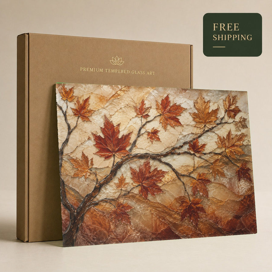Frameless glass print of autumn maple trees hanging on a neutral-colored bedroom wall above a king bed.