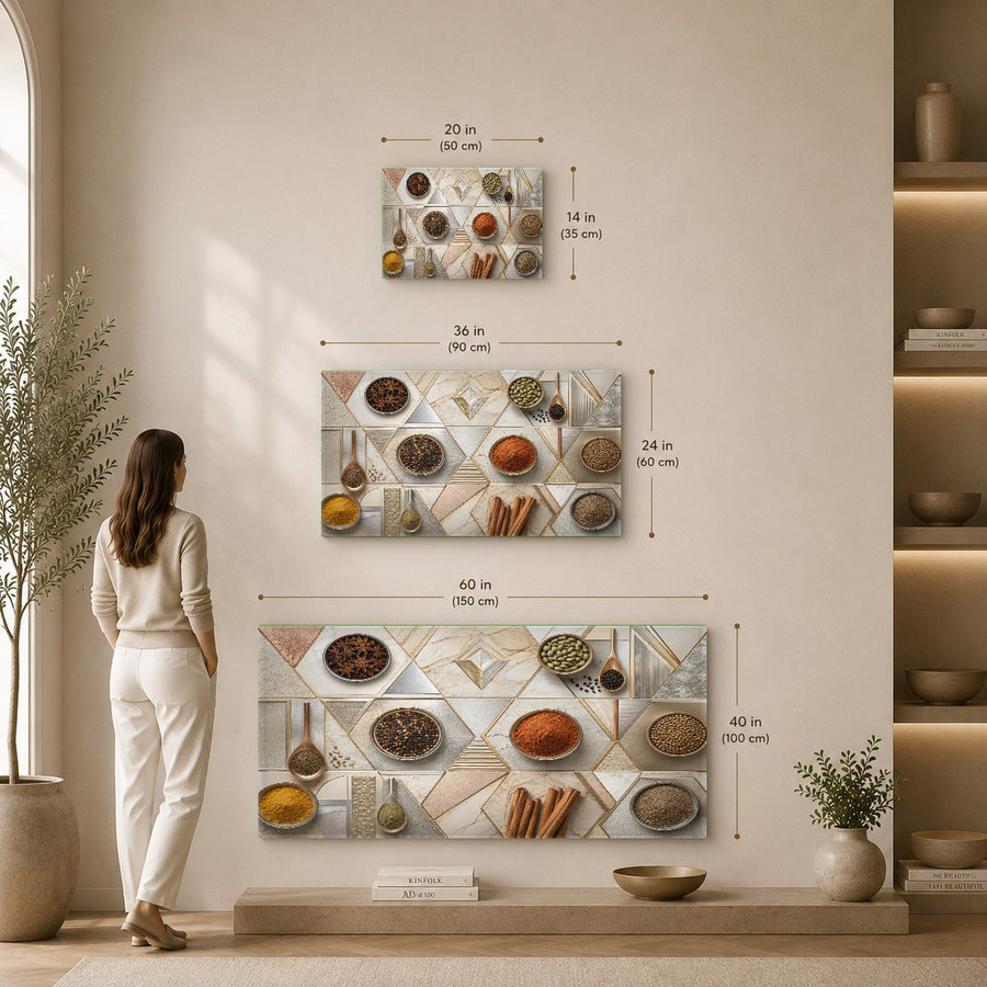 Elegant Spices glass wall art displayed above a wooden dining table in a brightly lit room.