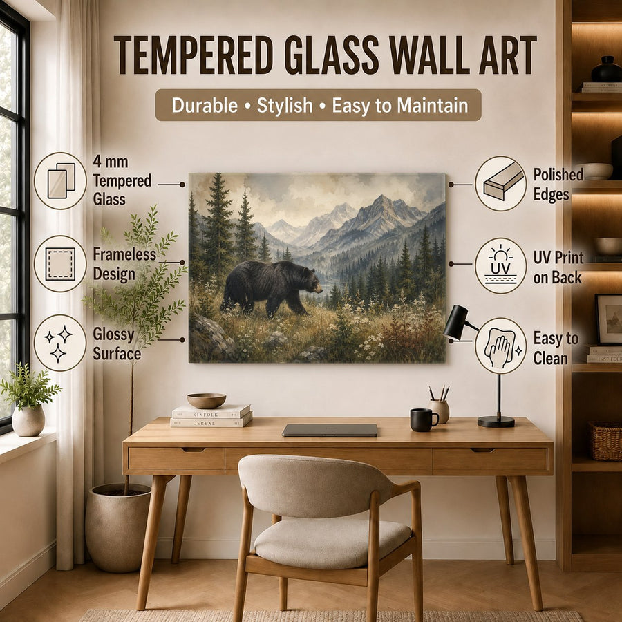 Wildlife glass art featuring a black bear in a misty forest, styled in a cozy bedroom.