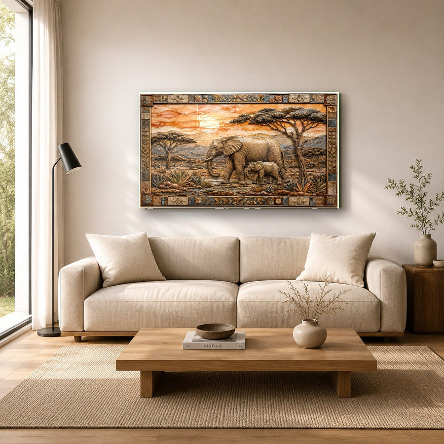 Elephant family wildlife wall art mounted above a fireplace in a cozy country home