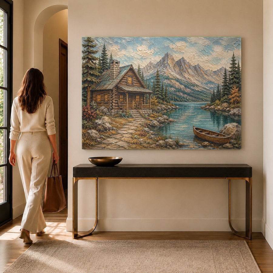 Rustic lake cabin tempered glass print mounted on wood-paneled bedroom wall