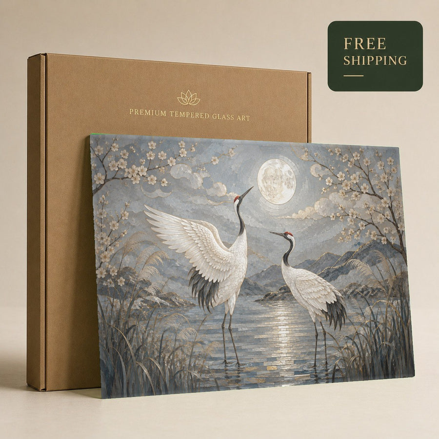 A cozy reading nook featuring a serene heron glass wall art piece under warm, soft lighting.