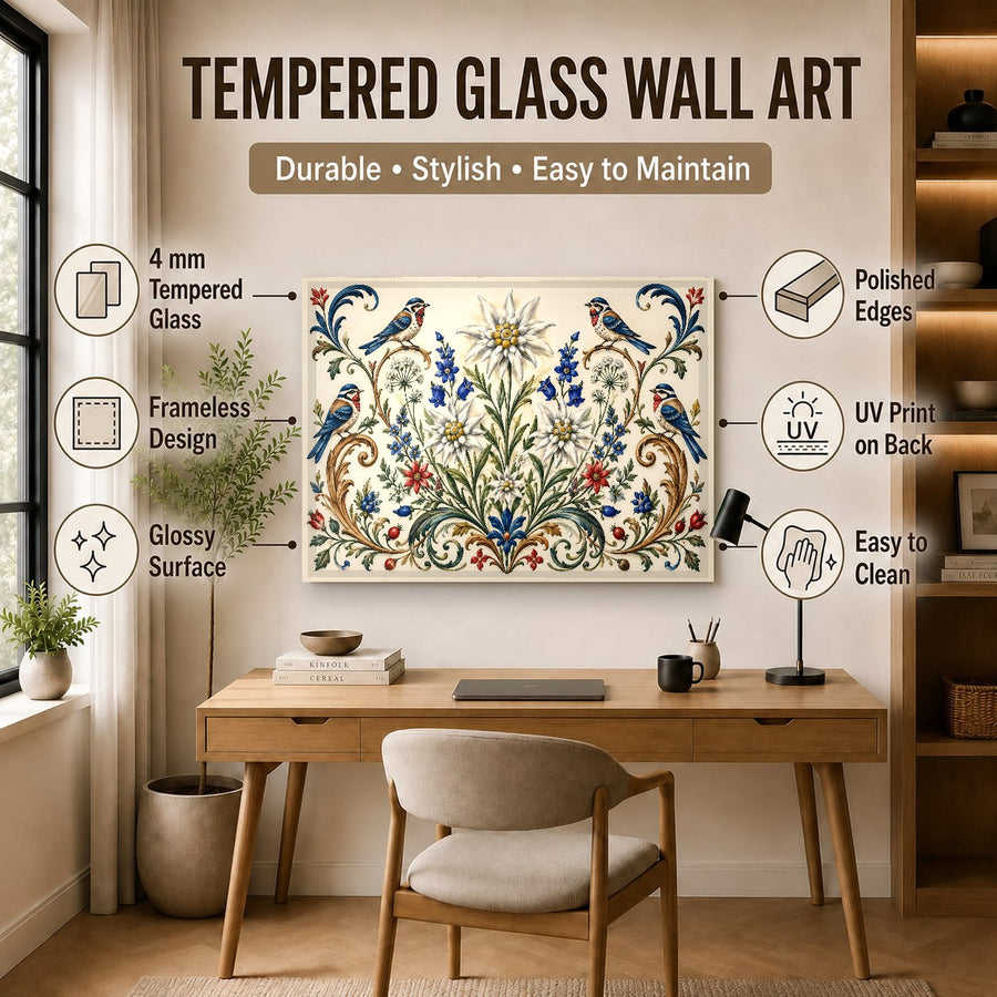 Detailed shot of Coral Garden glass wall art reflecting soft interior lighting in a hallway