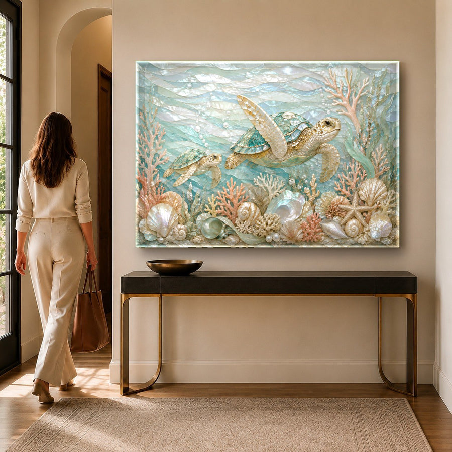 Ocean tempered glass print of a sea turtle mounted in a modern beach house bedroom