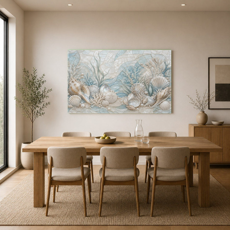 Luminous coastal wall decor displayed in a high-end spa reception area with warm, ambient lighting.