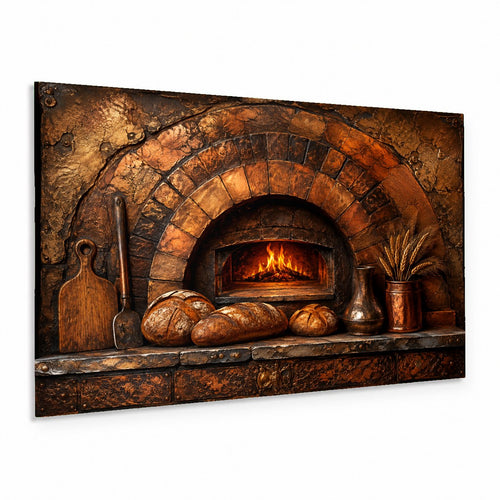 Rustic Oven Glass Wall Art hanging above a wooden dining table in a cozy, farmhouse-style dining room.