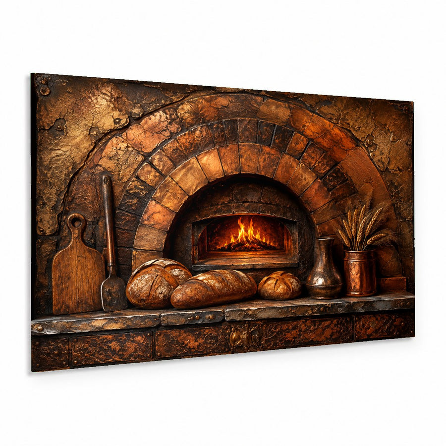 Rustic Oven Glass Wall Art hanging above a wooden dining table in a cozy, farmhouse-style dining room.