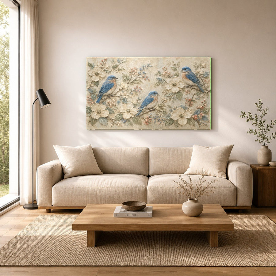Home office interior with blue bird nature glass wall art on the wall