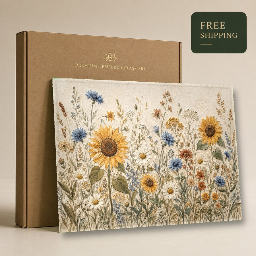 Oversized sunflower glass print hung in a boutique hotel lobby setting with warm lighting