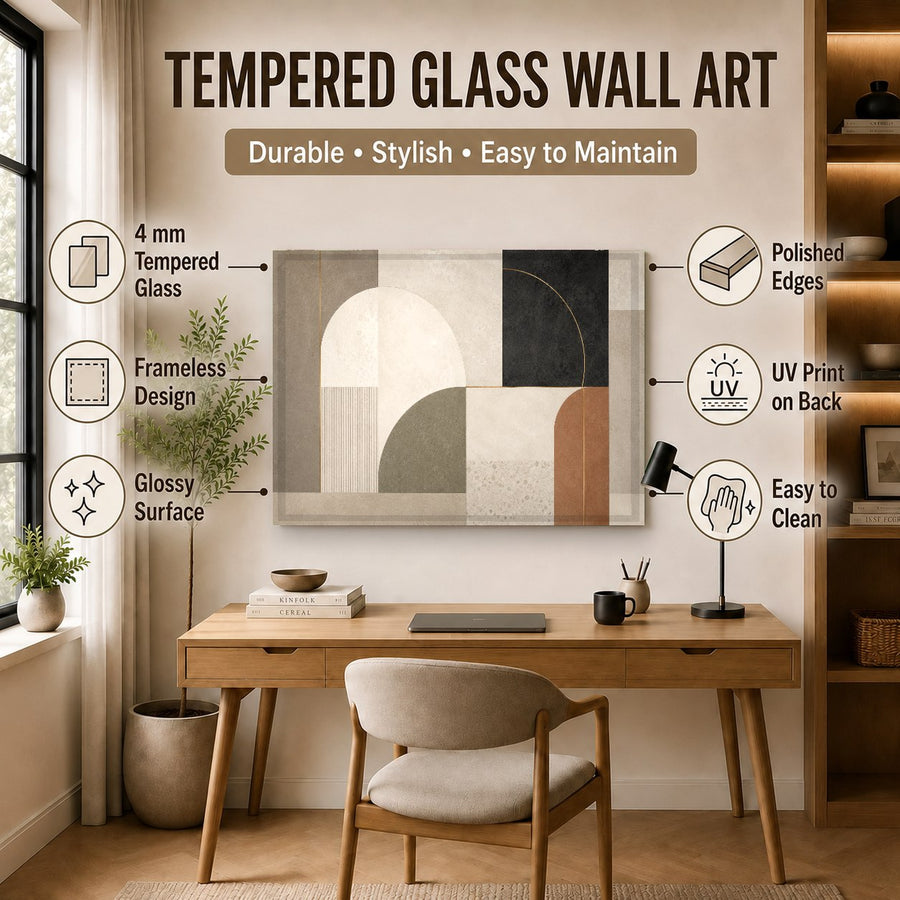 Luxury hotel lounge area displaying a triptych-style Urban Geometry glass wall art installation behind leather chairs.