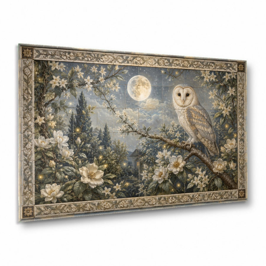 Mystical owl and moon glass wall art hanging above a dark velvet sofa in a moody, modern living room.