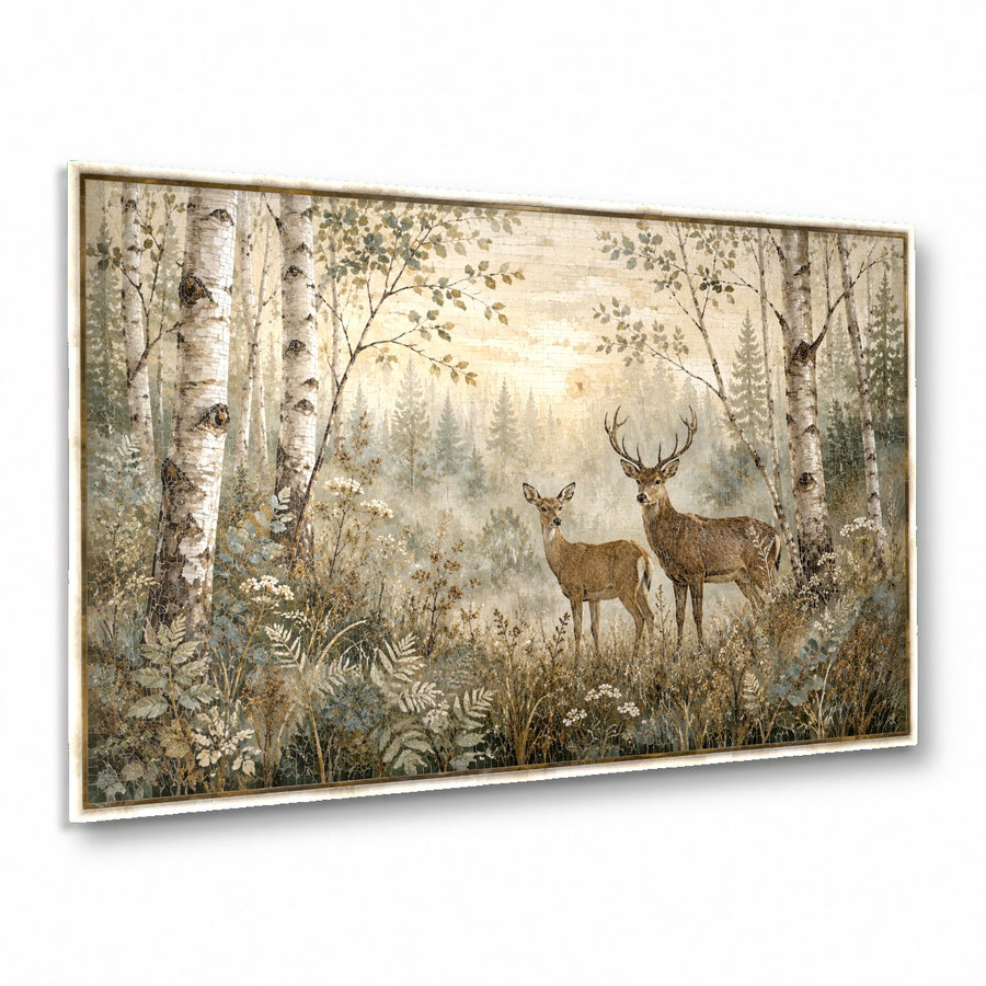 Deer Family Glass Wall Art hanging above a rustic wooden sofa in a cozy living room
