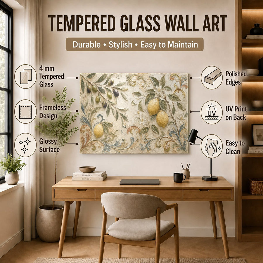 An airy, modern office space showcasing a vibrant citrus and olive branch tempered glass print.