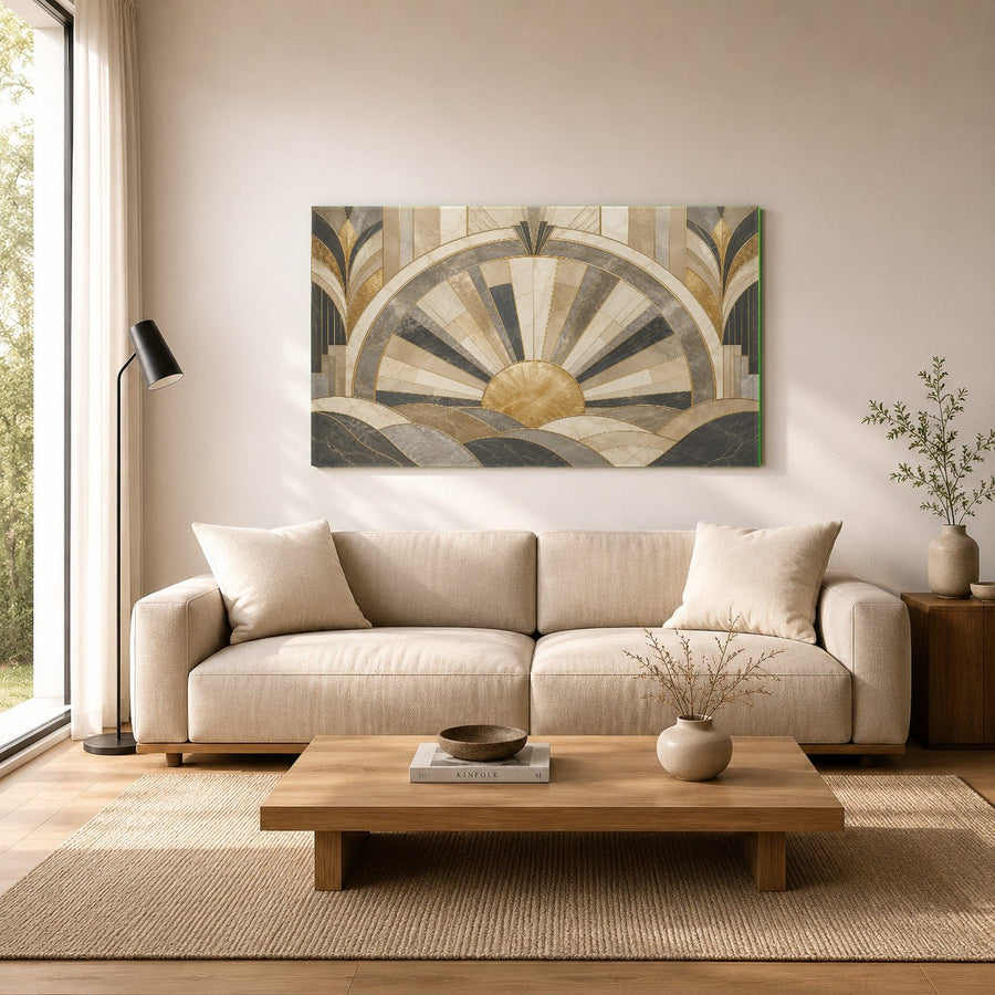 Modern hallway decorated with a stunning abstract gold glass art piece, creating a luxurious focal point.