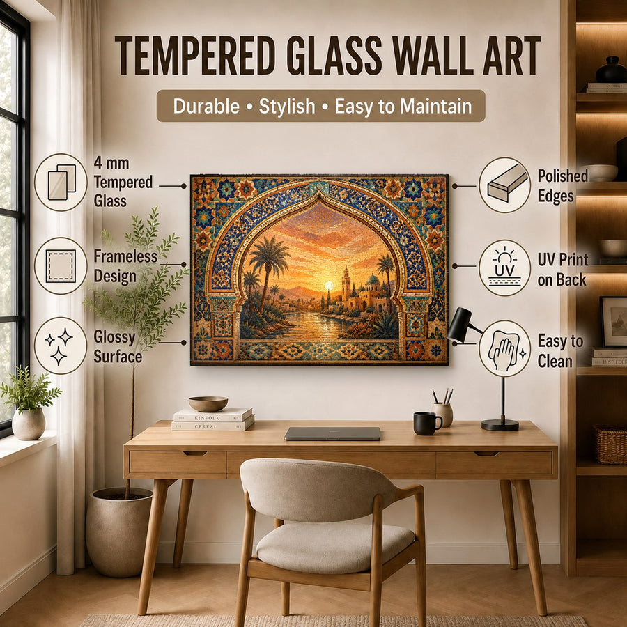 Side view of Sunset Oasis tempered glass art displaying the hidden aluminum float frame mounting system.
