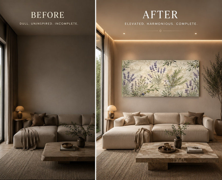 Contemporary dining room featuring a sleek botanical glass print on a charcoal gray wall next to a dining table.