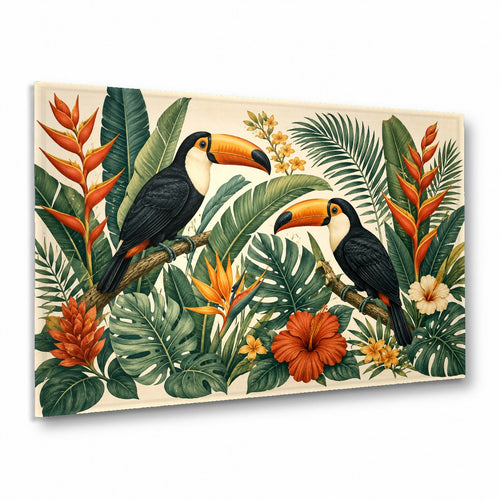 Tropical glass wall art hanging above a modern living room sofa