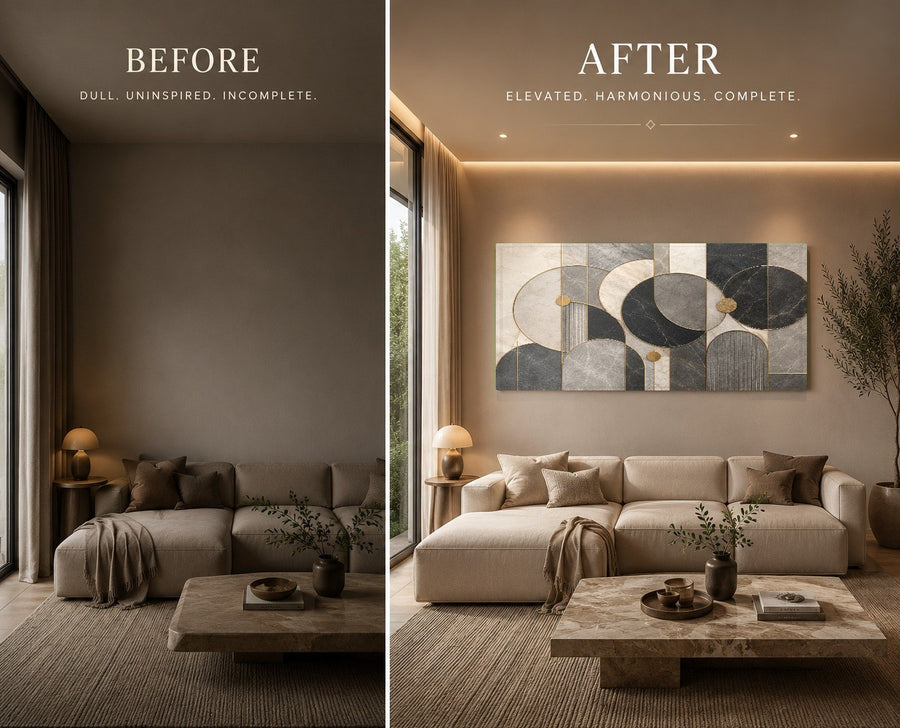 Luxury tempered glass art piece mounted on a dark accent wall in a sophisticated master bedroom.