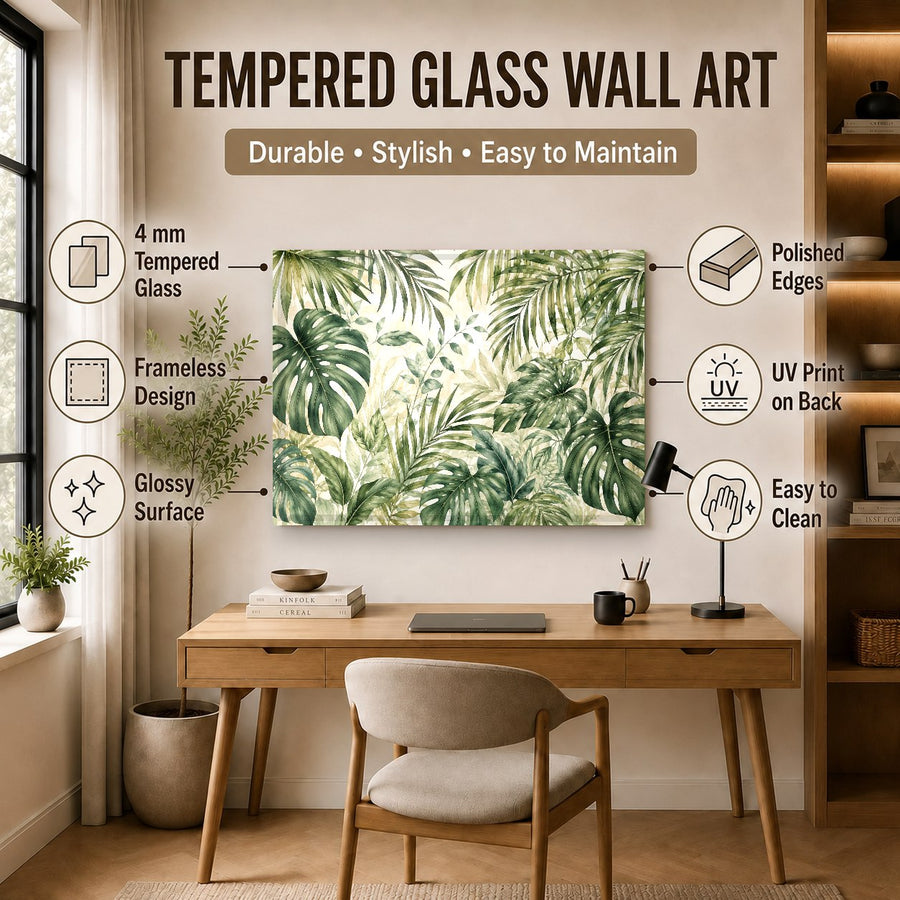 Lush green tropical canopy art on tempered glass in a cozy reading nook, paired with a leather armchair.