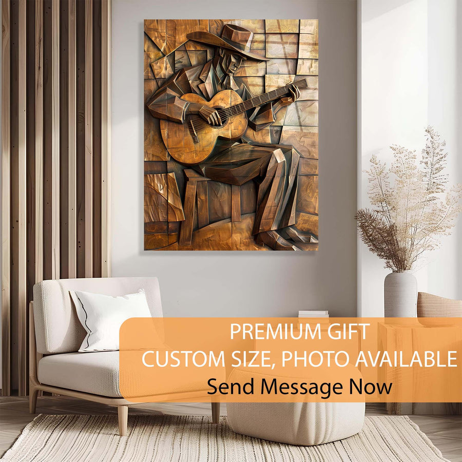 Wooden wall art of a musician playing guitar in a living room setting.