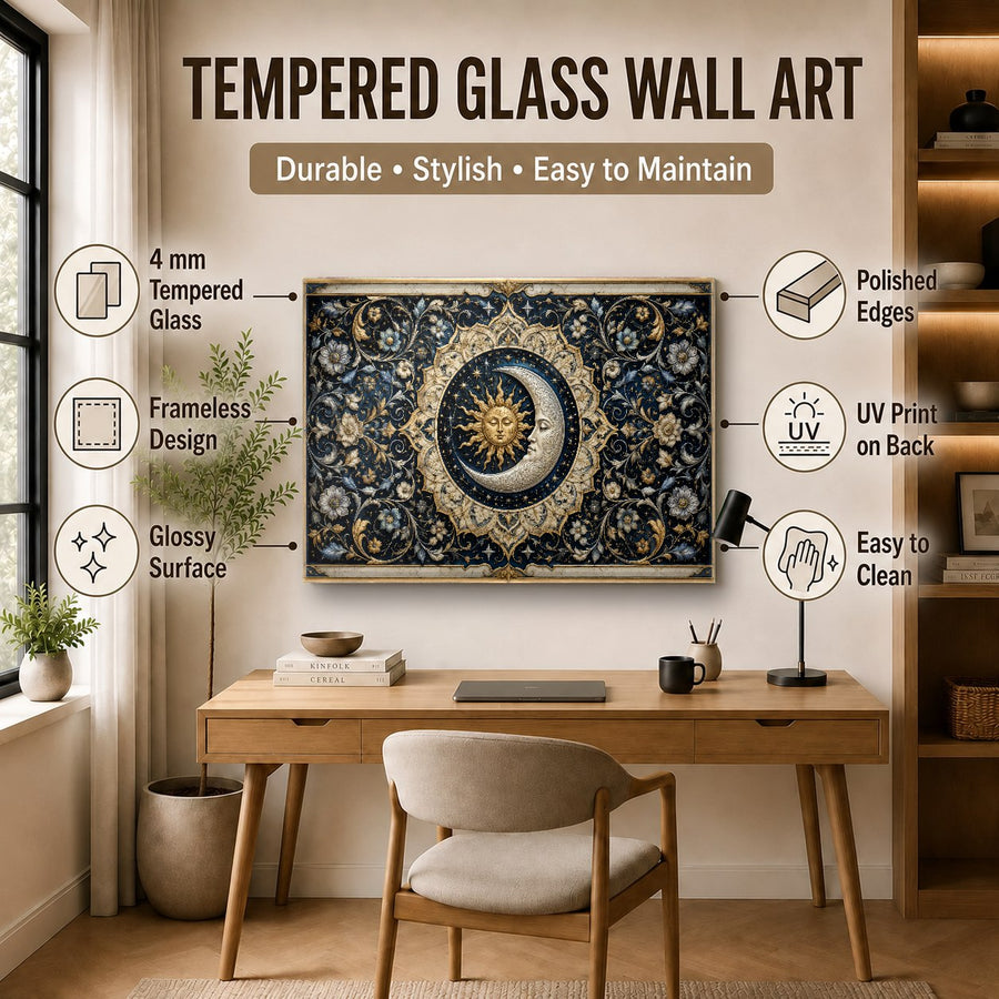 Cosmic sun and moon glass print styled above a cozy reading nook armchair with a soft knit throw blanket.