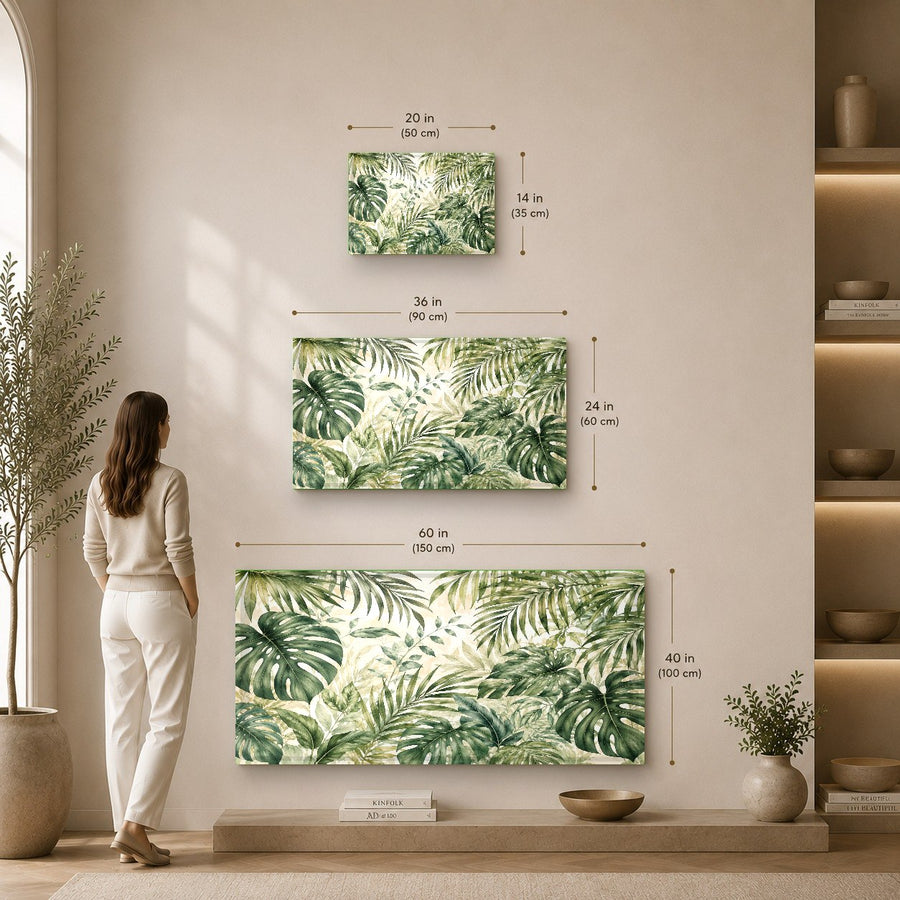 Side angle view of frameless tropical wall decor hanging above a freestanding tub in a serene, spa-like bathroom.