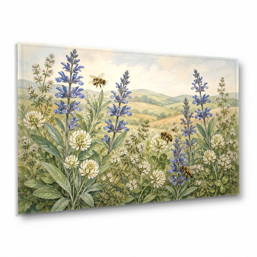 Wild Flowers Garden glass wall art displayed above a modern beige living room sofa