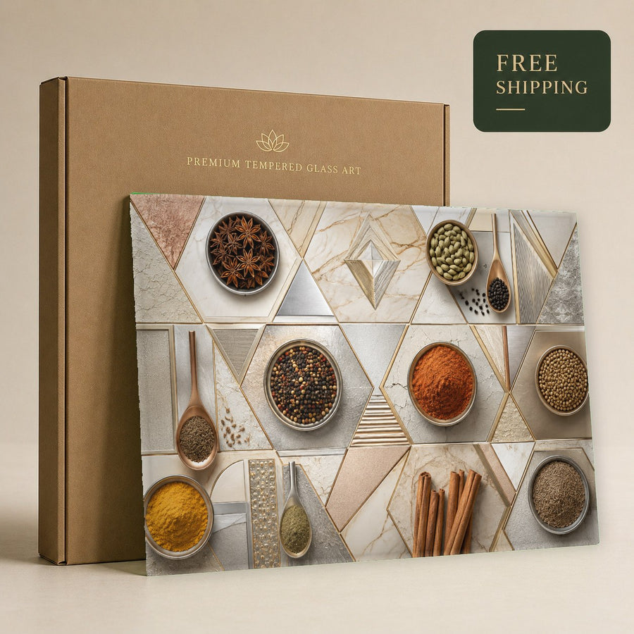 Spices glass wall decor hanging in a minimalist kitchen with warm under-cabinet lighting.