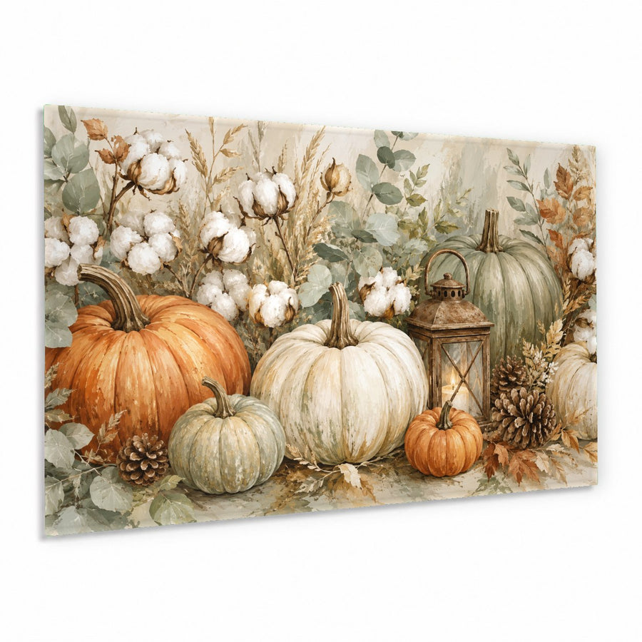 A rustic pumpkin glass print hanging in a cozy farmhouse living room decorated for autumn.