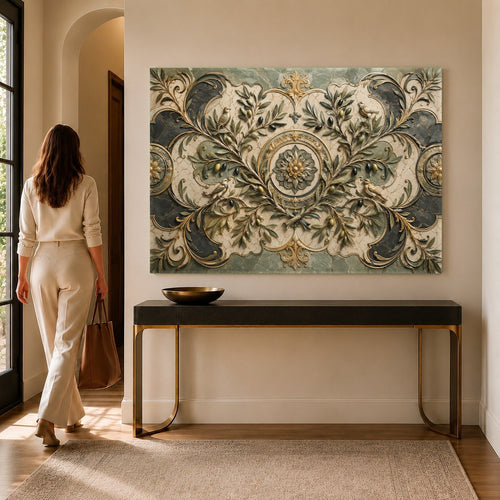 Olive Majesty glass wall art hanging in a bright, modern dining room above a wooden dining table.