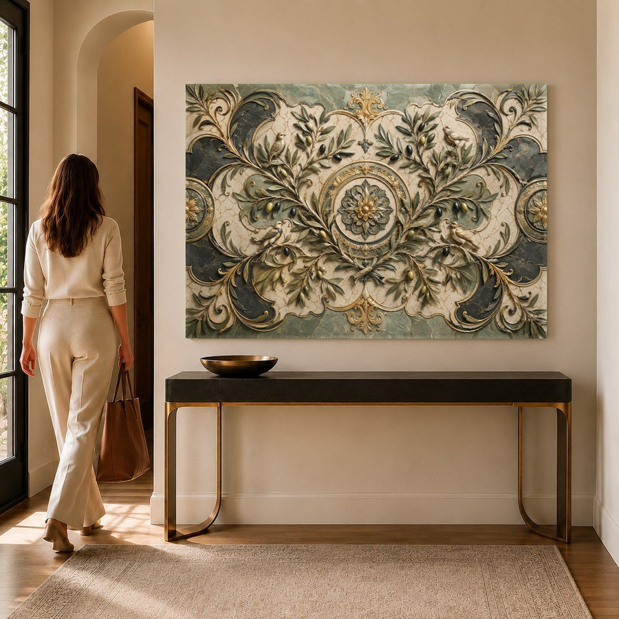 Elegant green and gold olive branch tempered glass print styled in a minimalist Mediterranean kitchen.