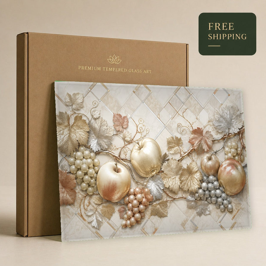 High-gloss grape harvest art piece displayed in a boutique hotel lobby with Mediterranean interior design.