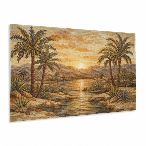 Deco Sunrise glass wall art hangs above a plush velvet sofa in a modern, sunlit living room.