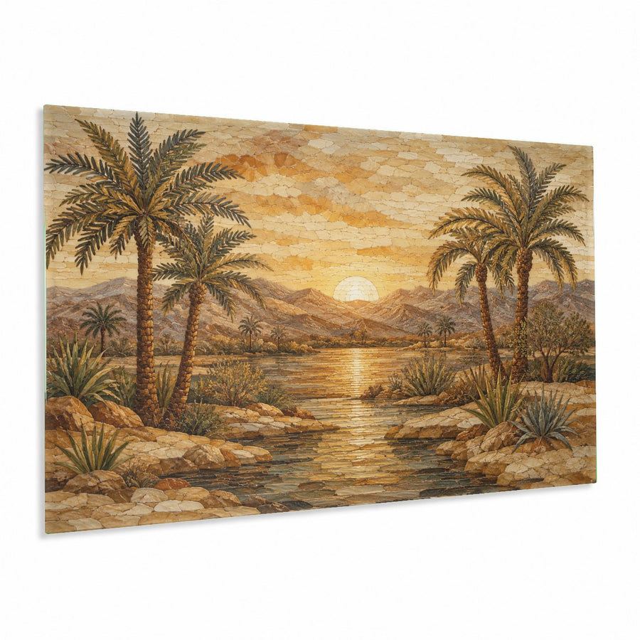 Deco Sunrise glass wall art hangs above a plush velvet sofa in a modern, sunlit living room.