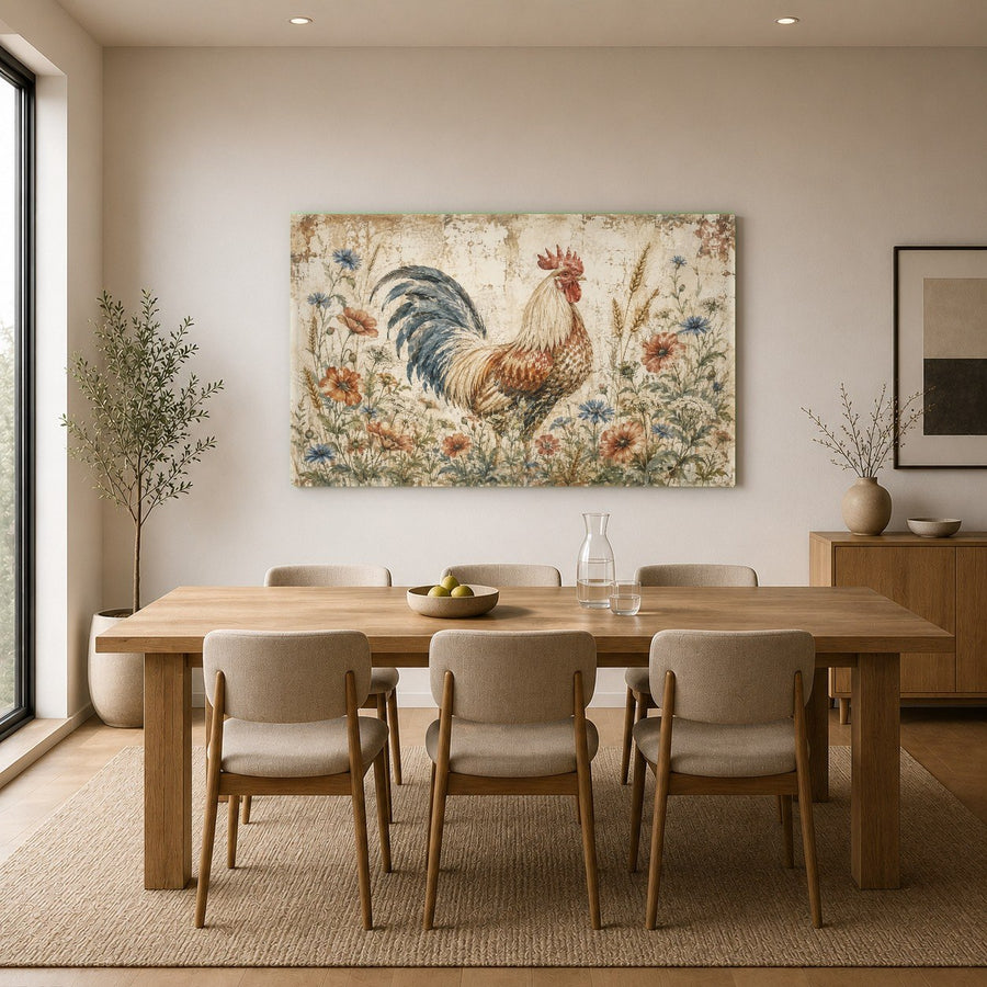 Elegant rooster glass wall art hanging in a stylish home office with warm wooden accents.