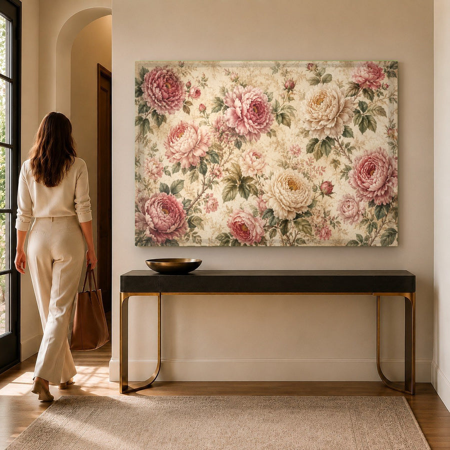 Close-up of botanical tempered glass print showing detailed red rose petals in a sunlit modern bedroom.
