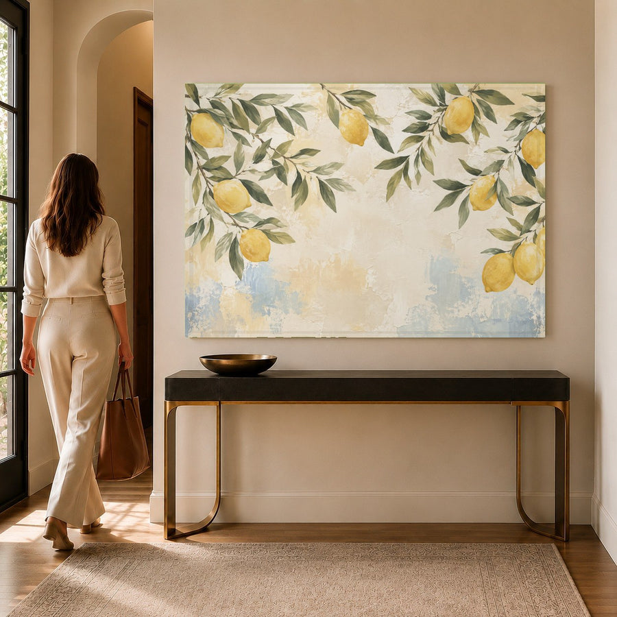 Mediterranean citrus tempered glass print displayed in a cozy breakfast nook with wooden furniture