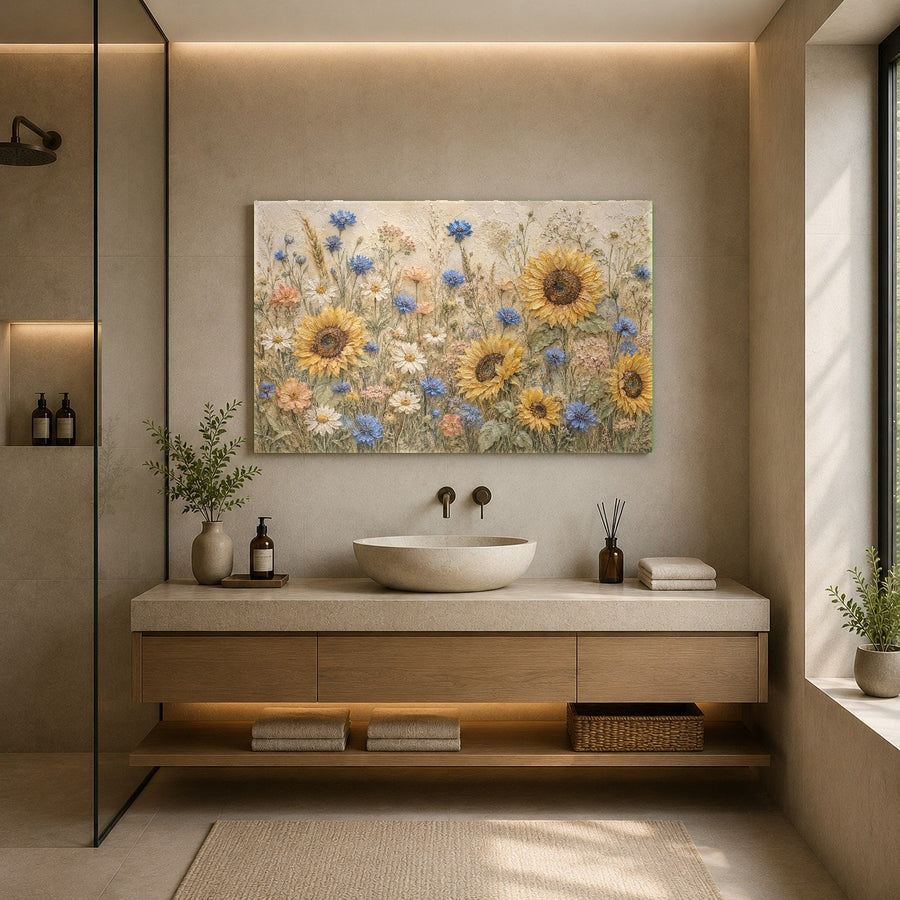 Oversized sunflower botanical art on glass accentuating a contemporary hallway decor