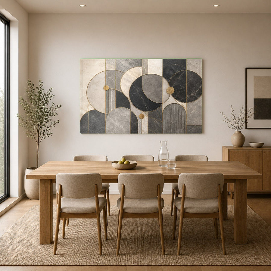 An upscale spa reception area decorated with the elegant green and gold geometric glass wall hanging.
