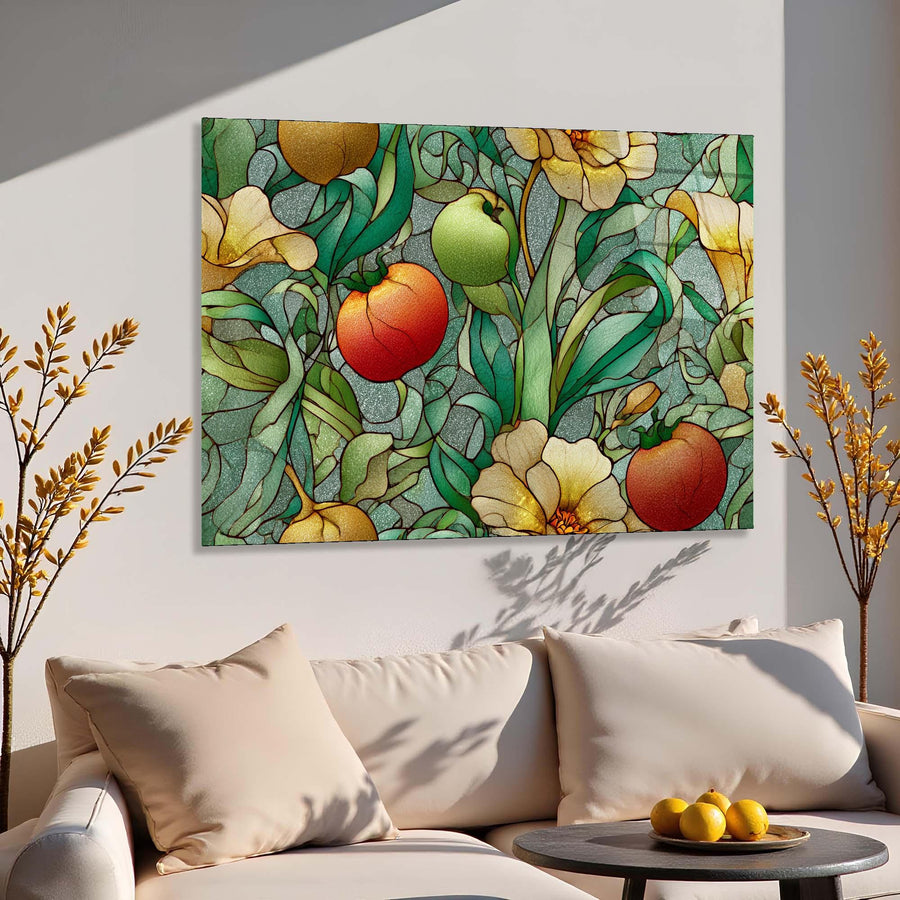 Colorful floral and fruit pattern on a wall above a sofa with decorative pillows.