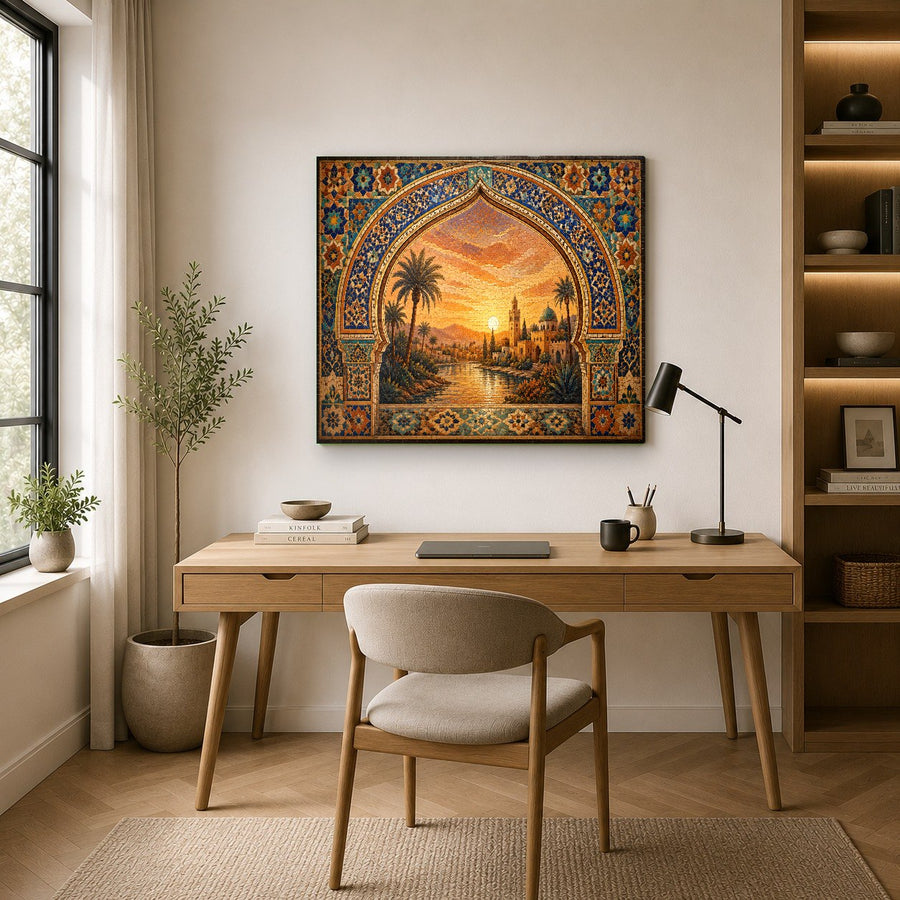 Bright dining room with Sunset Oasis glass art adding warm earth tones above a modern oak dining table.