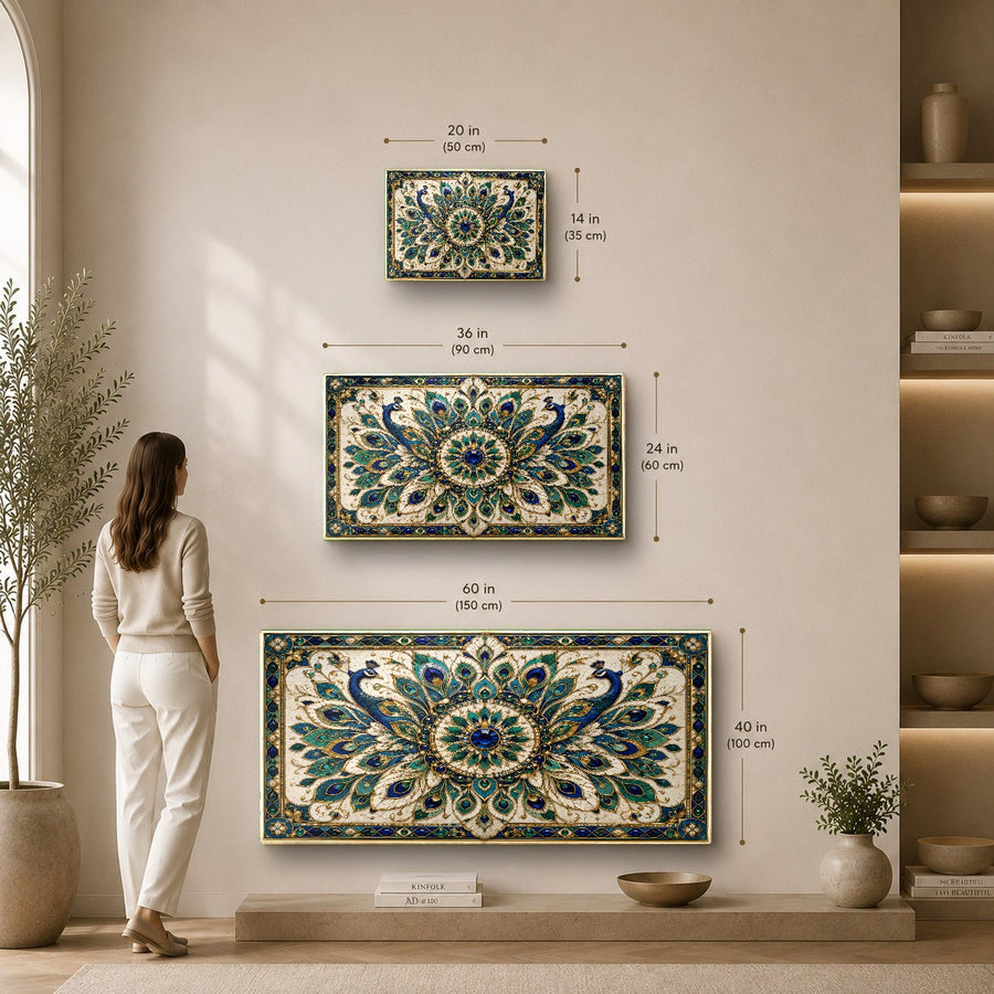 Colorful mandala glass wall art showcased in a contemporary apartment