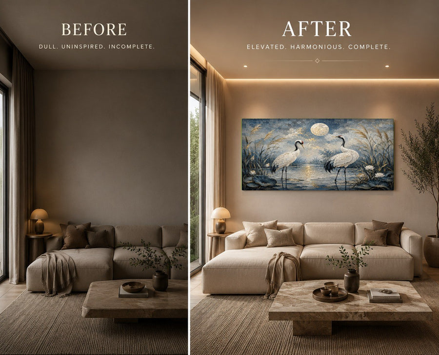 Serene zen-style bedroom with Moon Cranes glass wall decor mounted above a dark wood king-size bed.