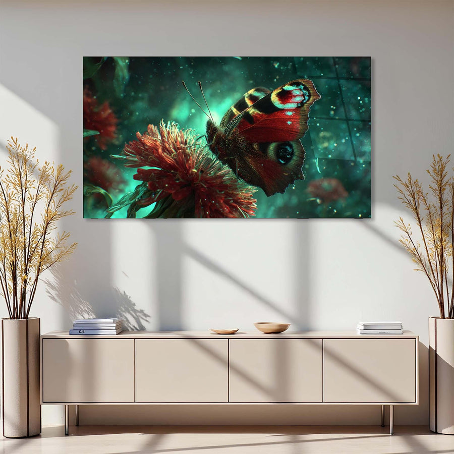 Modern interior with a large butterfly painting on the wall above a light-colored cabinet.
