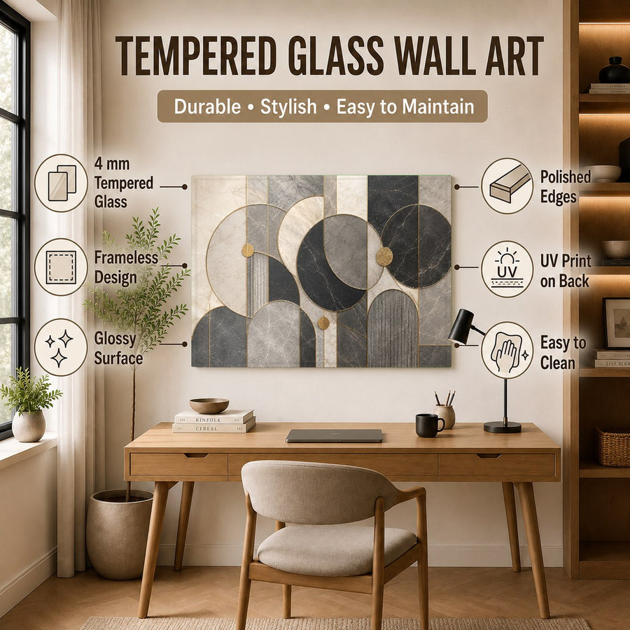 Side angle of the frameless glass print showing the pre-installed aluminum float frame on a textured wall.