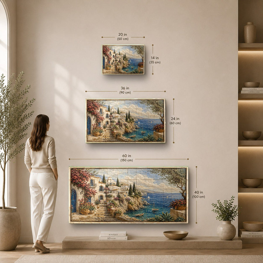 Tuscan coastal artwork placed above a rustic wooden entryway console